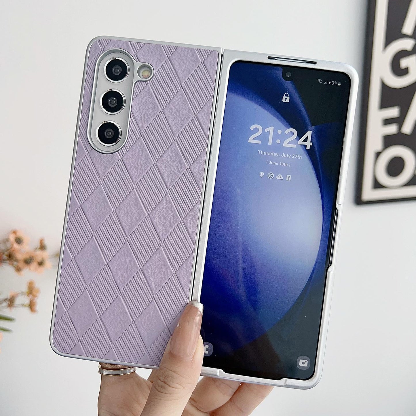 For Samsung Galaxy Z Fold4 5G Checkered Leather Phone Case With Pearlescent Finish - Brown