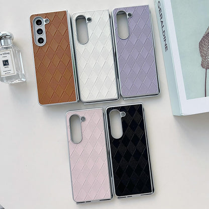 For Samsung Galaxy Z Fold4 5G Checkered Leather Phone Case With Pearlescent Finish - Brown