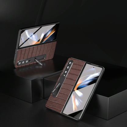 For Samsung Galaxy Z Fold4 5G Premium Leather Phone Case - Crocodile Texture - Brown