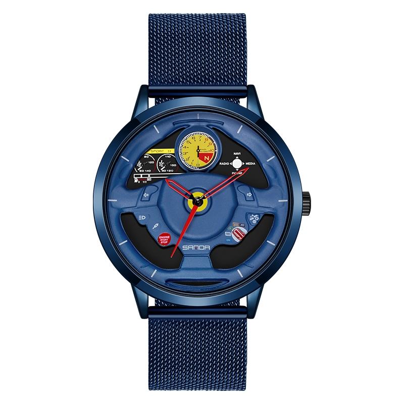 Waterproof Quartz Watch with Hollow Dial - 1085 Steering Wheel Design - Black