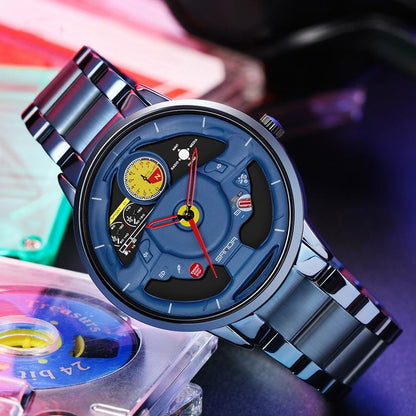 Waterproof Quartz Watch with Hollow Dial - 1085 Steering Wheel Design - Black