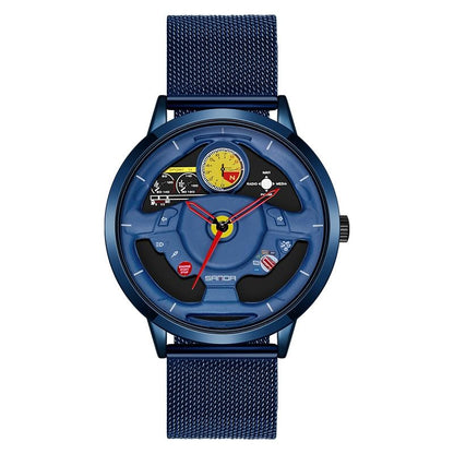 Waterproof Quartz Watch with Hollow Dial - 1085 Steering Wheel Design - Black