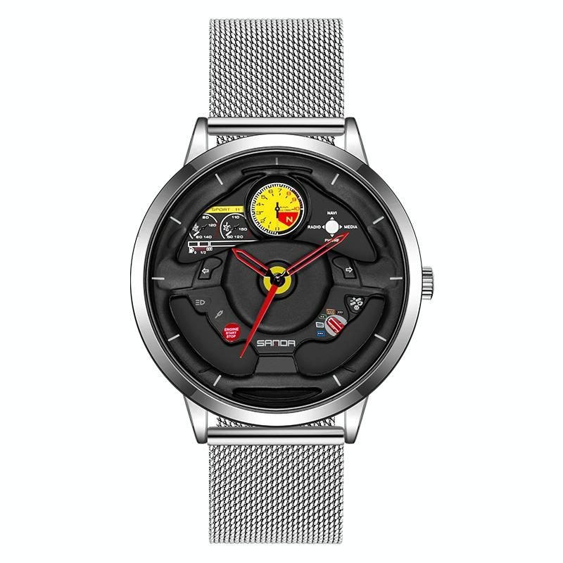 Waterproof Quartz Watch with Hollow Dial - 1085 Steering Wheel Design - Black