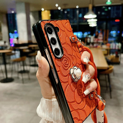 For Samsung Galaxy Z Fold4 5G Camellia Pattern Phone Case With Lanyard - White
