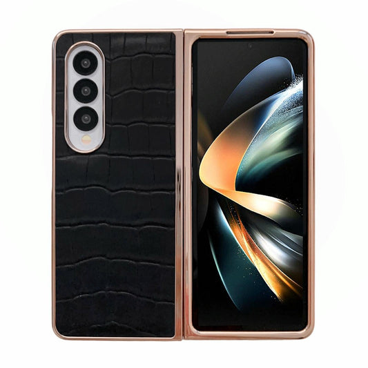 For Samsung Galaxy Z Fold4 5G Crocodile Leather Phone Case - Electroplated - Black