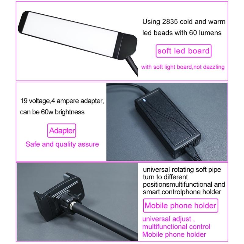 Portable Double Arm Fill Light With Phone Clip - Adjustable Brightness Black