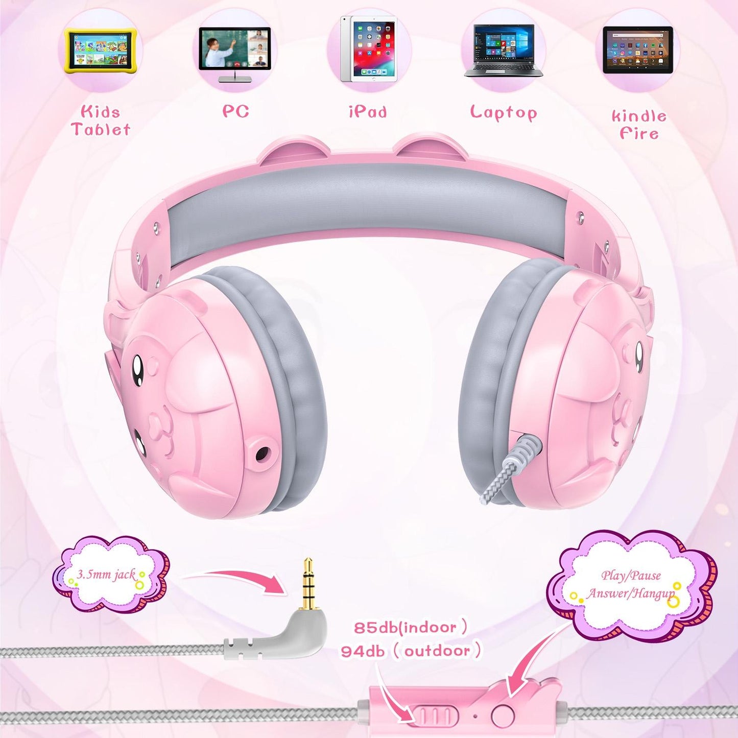 Kids Wired Over-Ear Earphone With Mic 1.5M - Pink