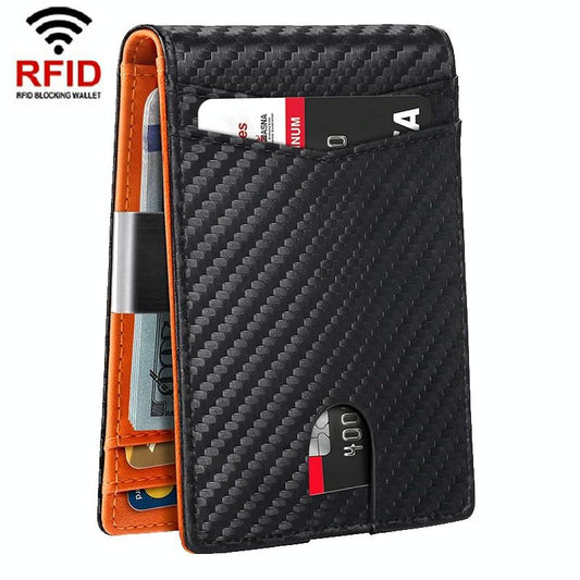 Rfid-protected Leather Credit Card Wallet - Secure & Stylish - Carbon Fiber Black Orange Inside