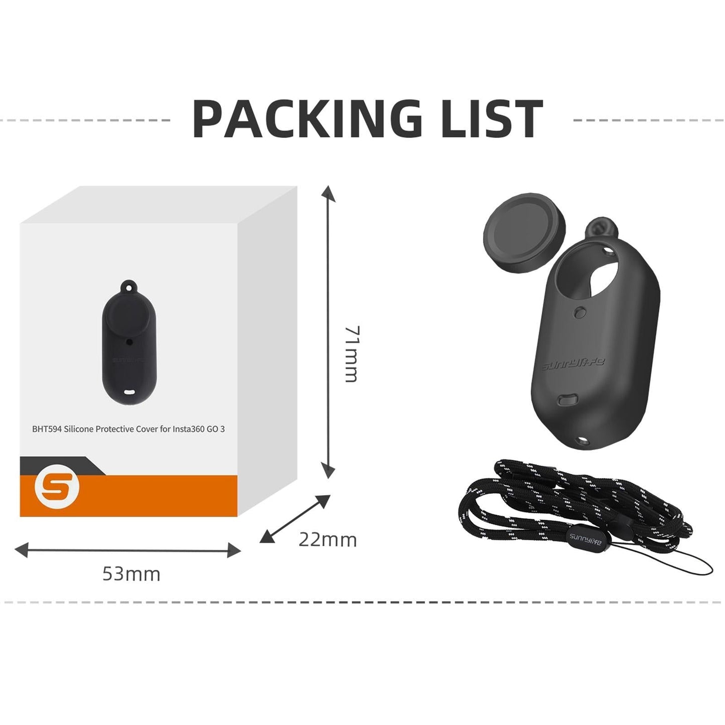Silicone Camera Body Case with Lens Cap and Neck Strap for Insta360 Go 3 - White