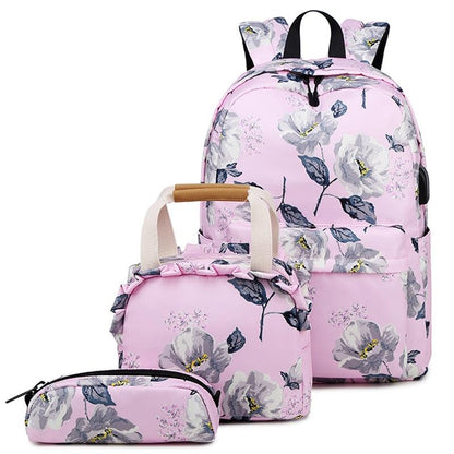 Small Fresh Printed Backpack Set - 3 Pieces for Students - Black