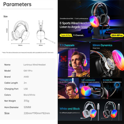 Pro Luminous Wired Headphones 2M Cable - White