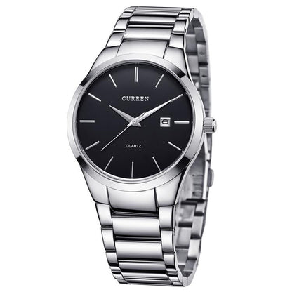 Waterproof Full Steel Quartz Watch - Fashion Business Calendar - White Case Black Face