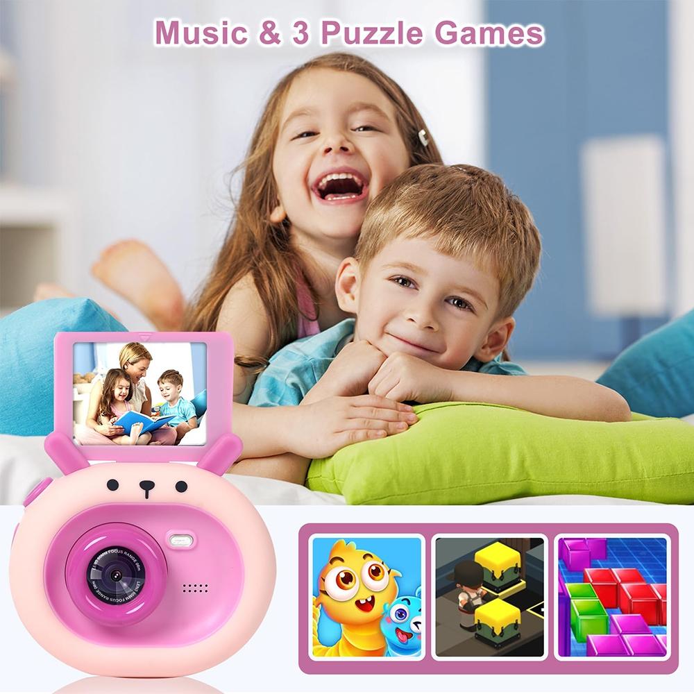 180-degree Flip-screen Cartoon Digital Camera with Stand 2.4-inch 1080p Hd - Dark Green