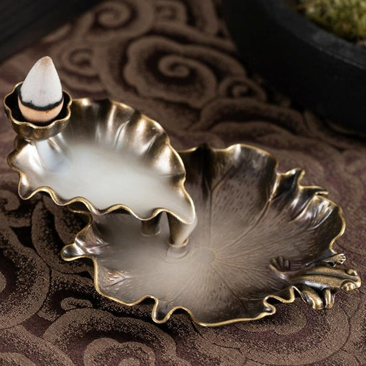 Bronze Lotus Leaf Inverted Incense Burner - Antique Indoor - Bronze Colour