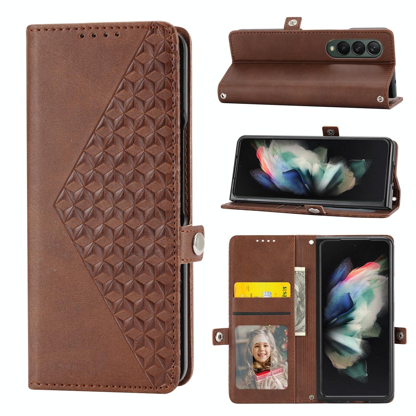 For Samsung Galaxy Z Fold4 5G Textured Leather Phone Case - Cubic Grid Design - Red