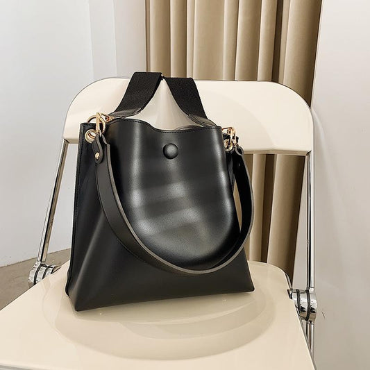 Retro Wide Strap Crossbody Bucket Bag For Women - Black