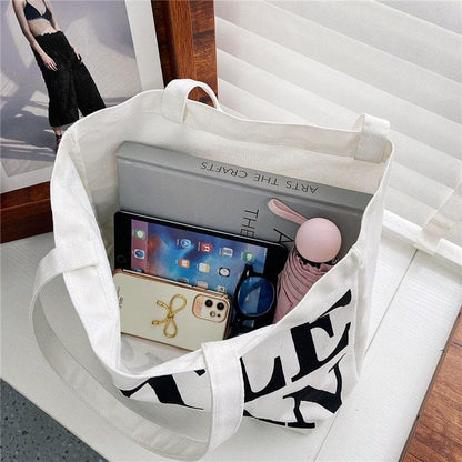 Black Women Canvas Shoulder Tote Printed Letters