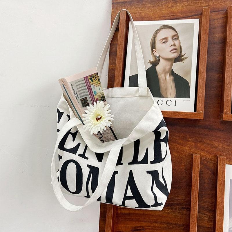 Black Women Canvas Shoulder Tote Printed Letters