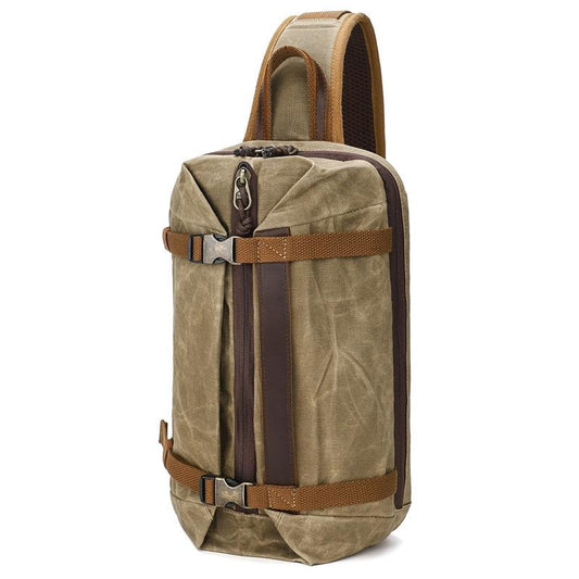 Retro Waxed Canvas Chest Bag Large Capacity Shoulder Crossbody Bag For Men - Khaki