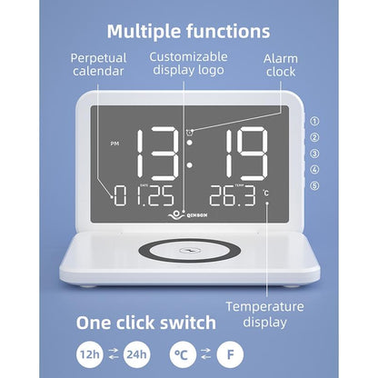 Foldable Desk Calendar Clock With Wireless Charger & Alarm - White