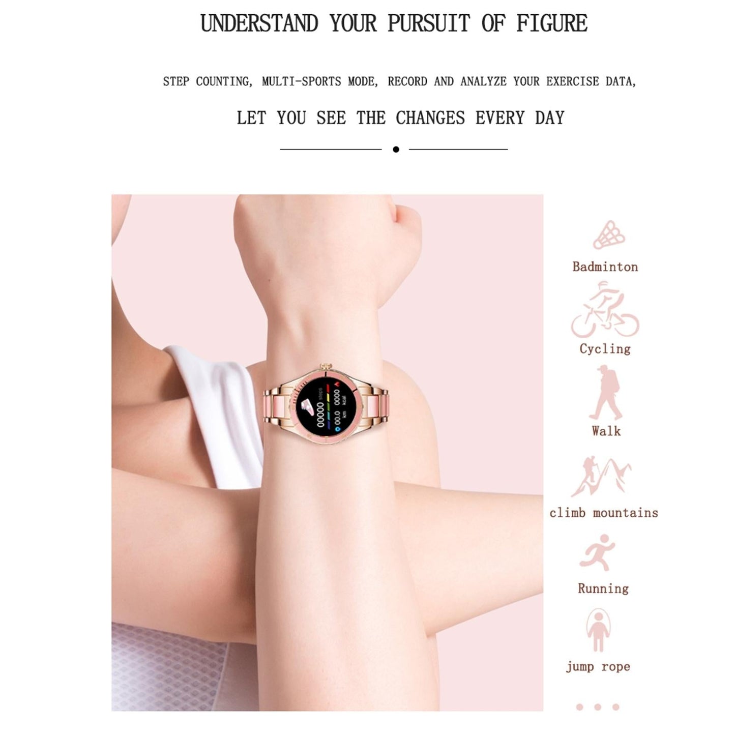 Smart Bracelet With Touch Screen Heart Monitoring Voice Control And Cycle Reminder - Pink