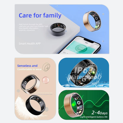 Smart Ring With Heart Rate Blood Oxygen Sleep & Sports Modes - Size 8 - Gold