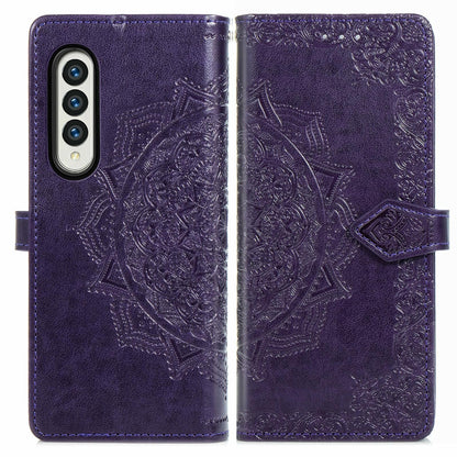 Embossed Mandala Leather Phone Case for Samsung Galaxy z Fold 4 - Blue