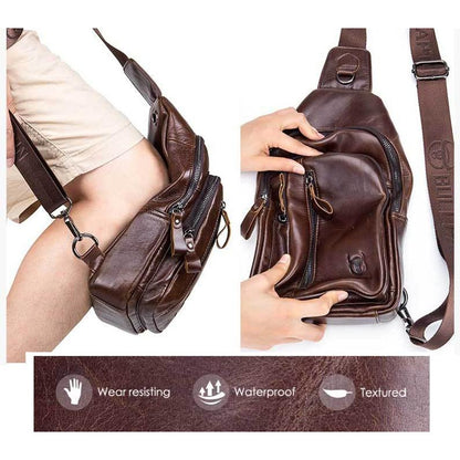 Men Leather Crossbody Chest Bag Multi Function - Brown