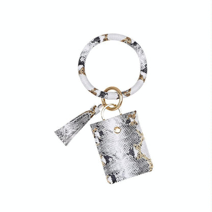 Snake Print Wrist Keychain Coin Purse Black Pu Leather Bracelet Card Case - Yellow