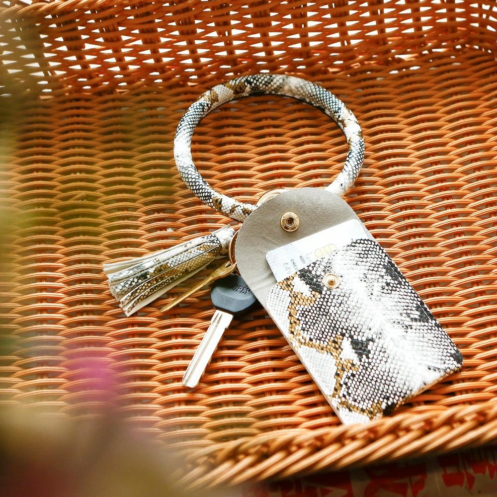 Snake Print Wrist Keychain Coin Purse Black Pu Leather Bracelet Card Case - Yellow