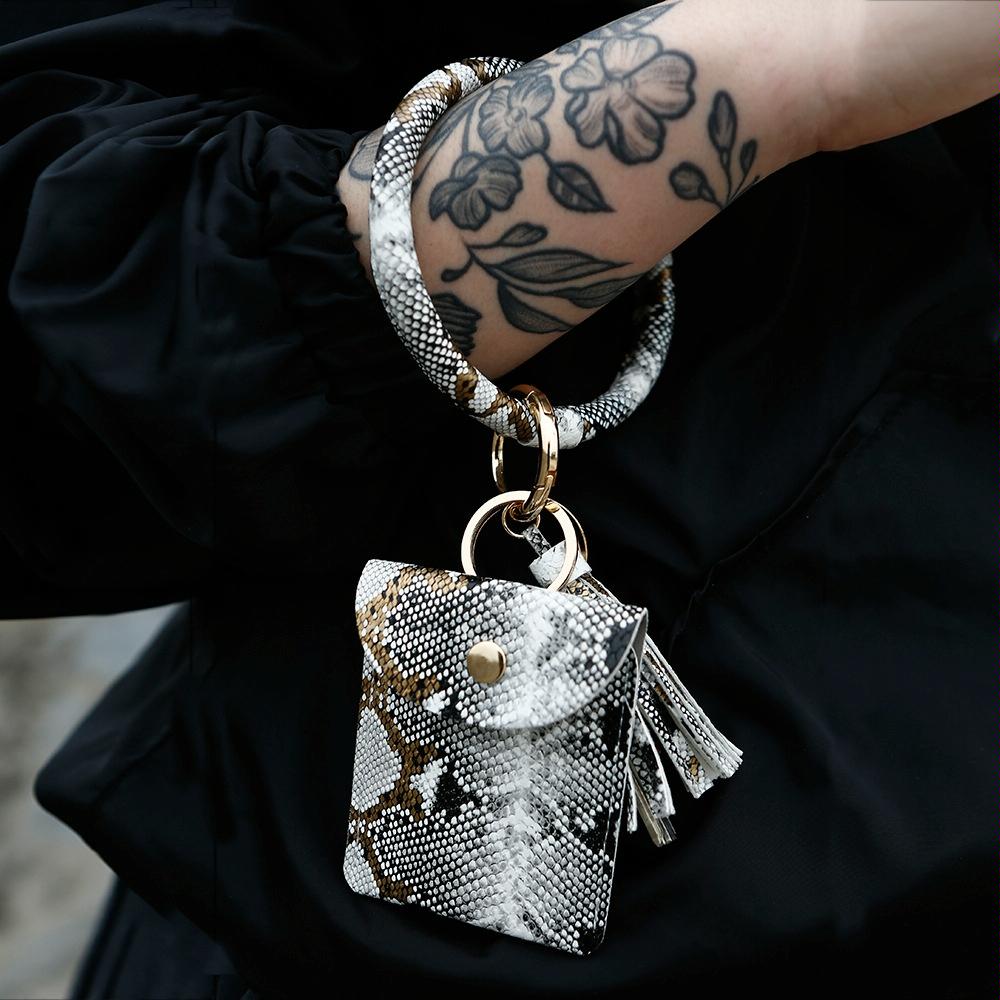 Snake Print Wrist Keychain Coin Purse Black Pu Leather Bracelet Card Case - Yellow