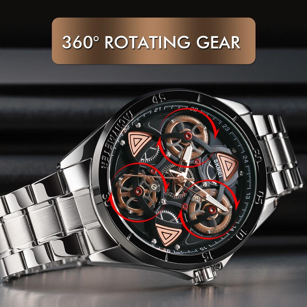 Waterproof Men Quartz Watch with Rotatable Gear Dial - Rose Gold Shell Blue Surface