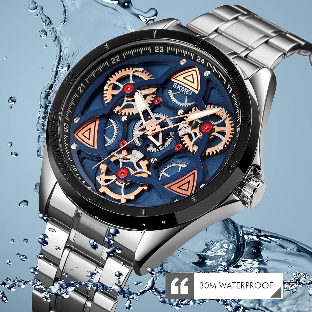 Waterproof Men Quartz Watch with Rotatable Gear Dial - Rose Gold Shell Blue Surface