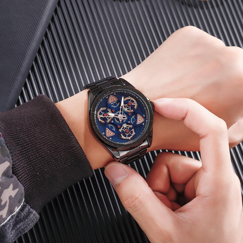 Waterproof Men Quartz Watch with Rotatable Gear Dial - Rose Gold Shell Blue Surface