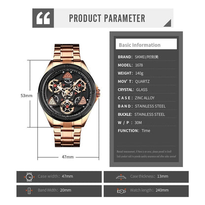 Waterproof Men Quartz Watch with Rotatable Gear Dial - Rose Gold Shell Blue Surface