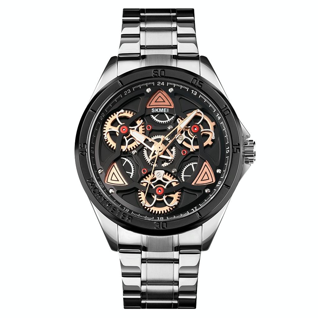 Waterproof Men Quartz Watch with Rotatable Gear Dial - Rose Gold Shell Blue Surface