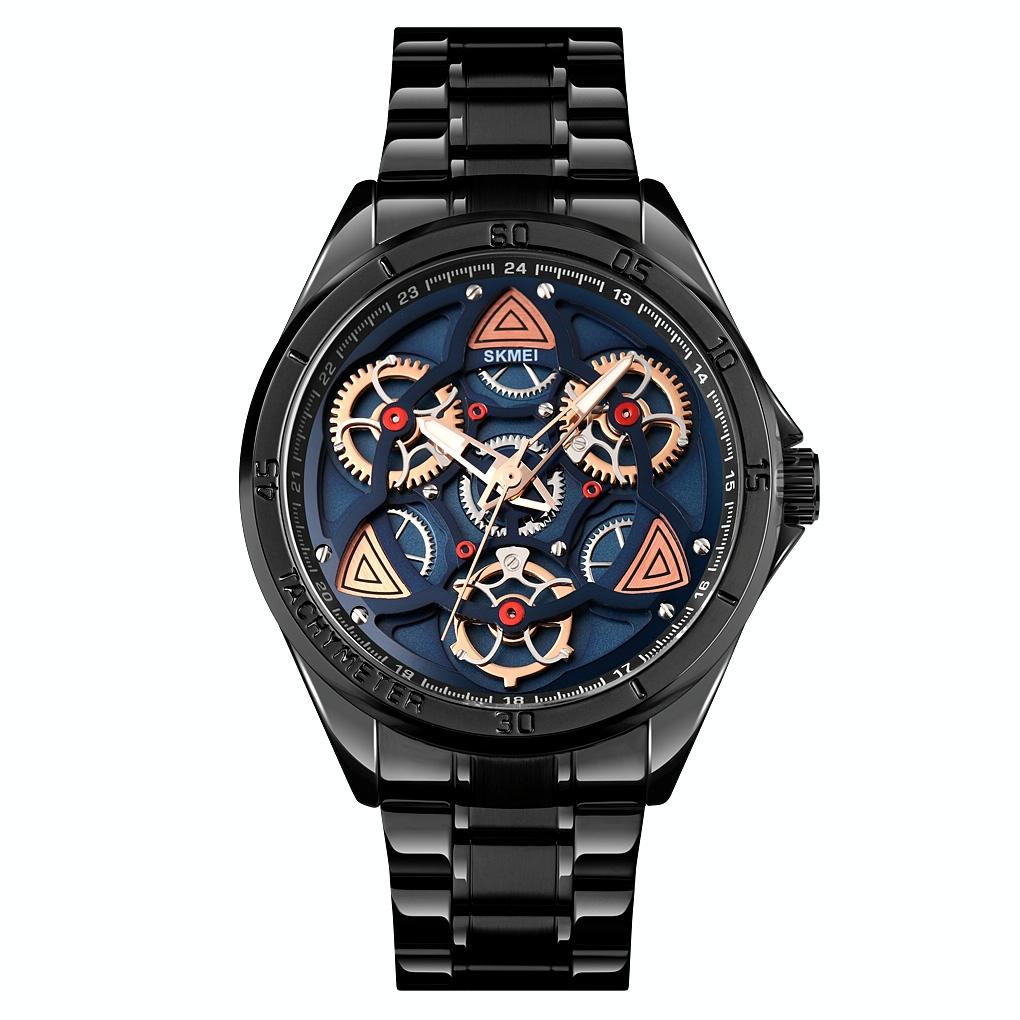 Waterproof Men Quartz Watch with Rotatable Gear Dial - Rose Gold Shell Blue Surface