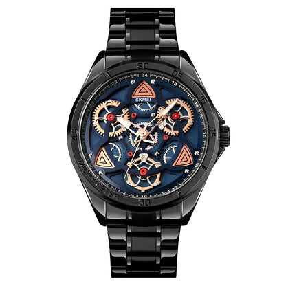 Waterproof Men Quartz Watch with Rotatable Gear Dial - Rose Gold Shell Blue Surface