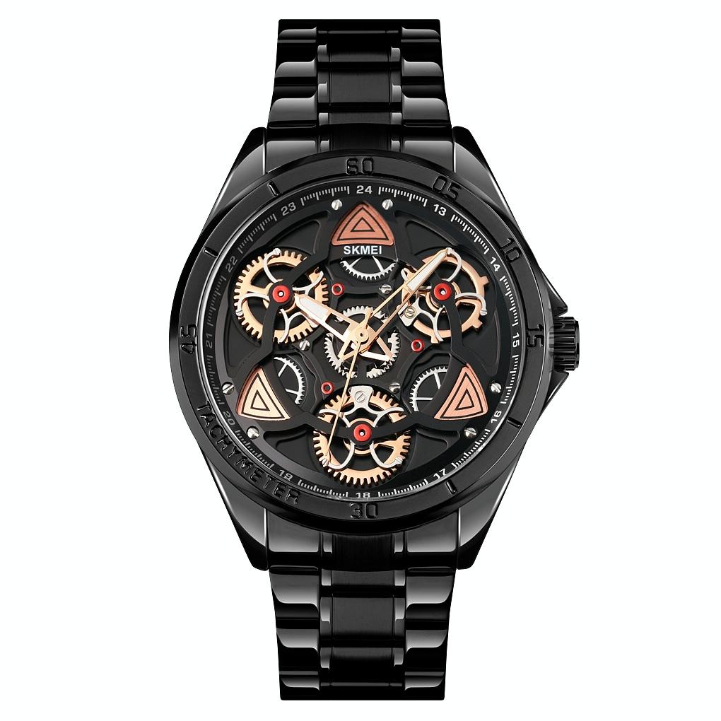 Waterproof Men Quartz Watch with Rotatable Gear Dial - Rose Gold Shell Blue Surface