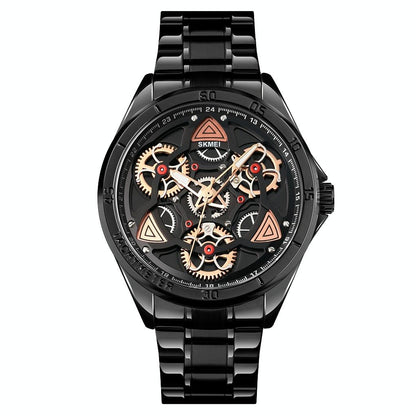 Waterproof Men Quartz Watch with Rotatable Gear Dial - Rose Gold Shell Blue Surface