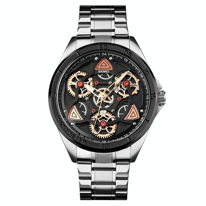 Waterproof Men Quartz Watch with Rotatable Gear Dial - Rose Gold Shell Blue Surface