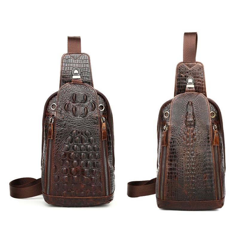 Men Cowhide Crocodile Texture Crossbody Chest Bag One Shoulder Design - Crocodile Head