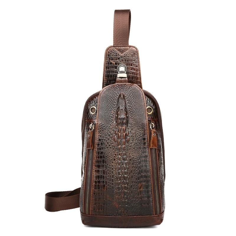 Men Cowhide Crocodile Texture Crossbody Chest Bag One Shoulder Design - Crocodile Head