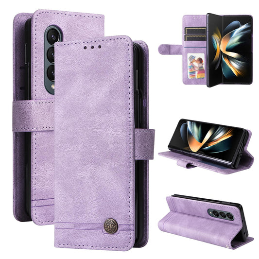 Metal Button Leather Case for Samsung Galaxy z Fold 4 / 5g - Tree Design - Purple