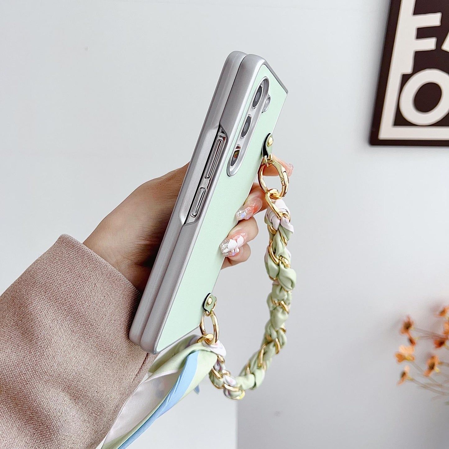 For Samsung Galaxy Z Fold4 5G Leather Phone Case With Metallic Paint And Scarf Bracelet - White
