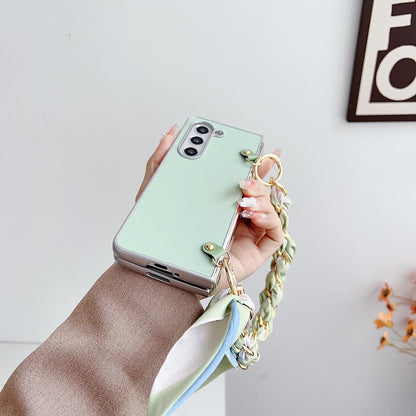 For Samsung Galaxy Z Fold4 5G Leather Phone Case With Metallic Paint And Scarf Bracelet - White