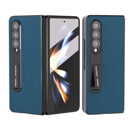 For Samsung Galaxy Z Fold4 5G Leather Phone Case With Holder - Litchi Texture - Blue