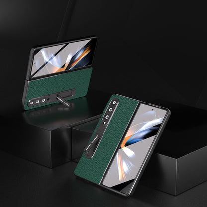 For Samsung Galaxy Z Fold4 5G Leather Phone Case With Holder - Litchi Texture - Blue