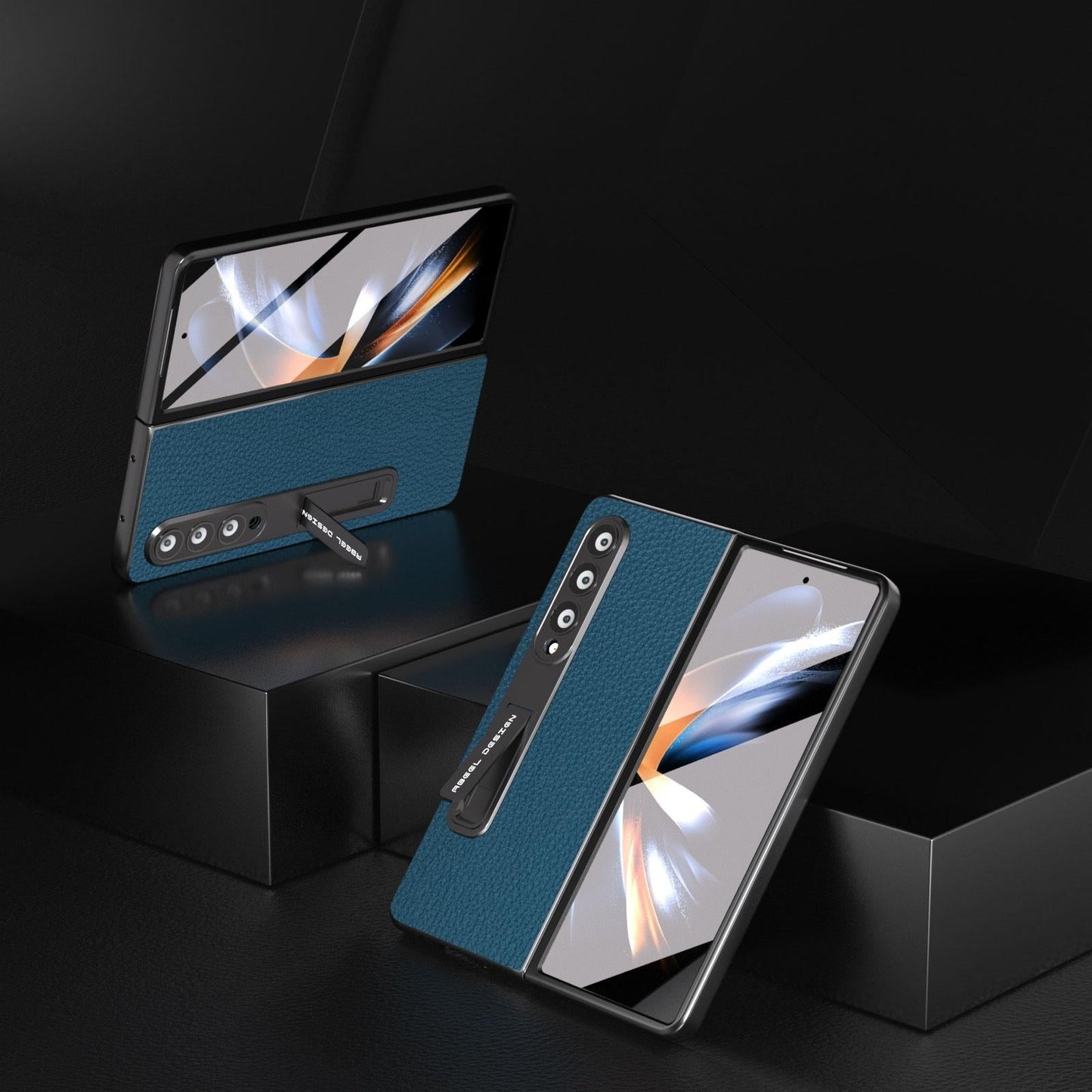 For Samsung Galaxy Z Fold4 5G Leather Phone Case With Holder - Litchi Texture - Blue