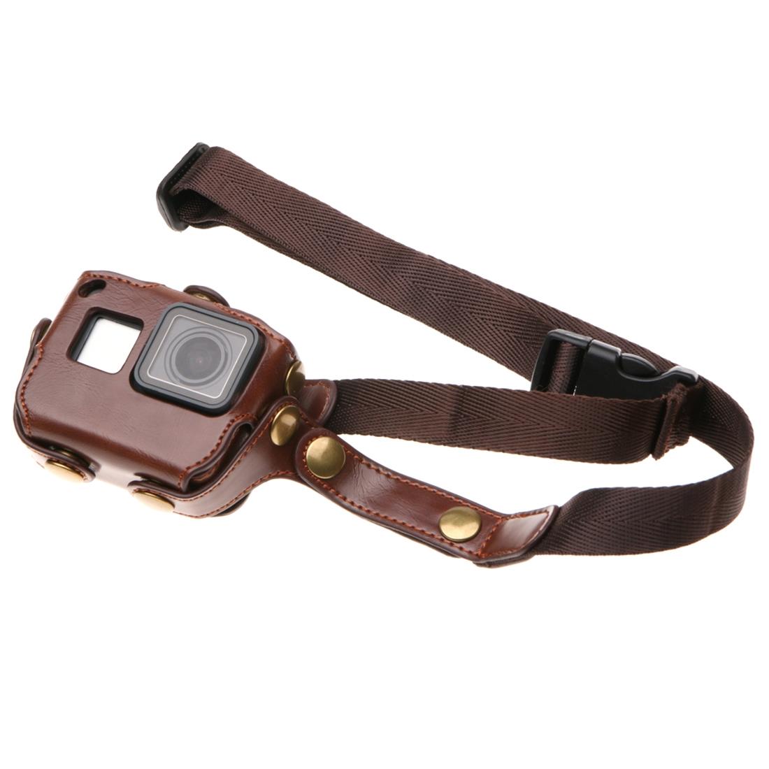 Leather Housing Case with Neck Strap and Buttons for Gopro Hero7 / 6 / 5 - Black - Black